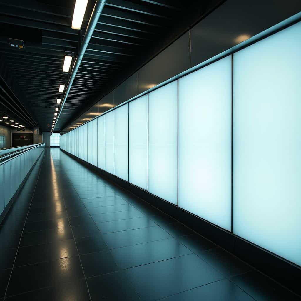 Corredor arquitetônico escuro com superfícies retangulares iluminadas.