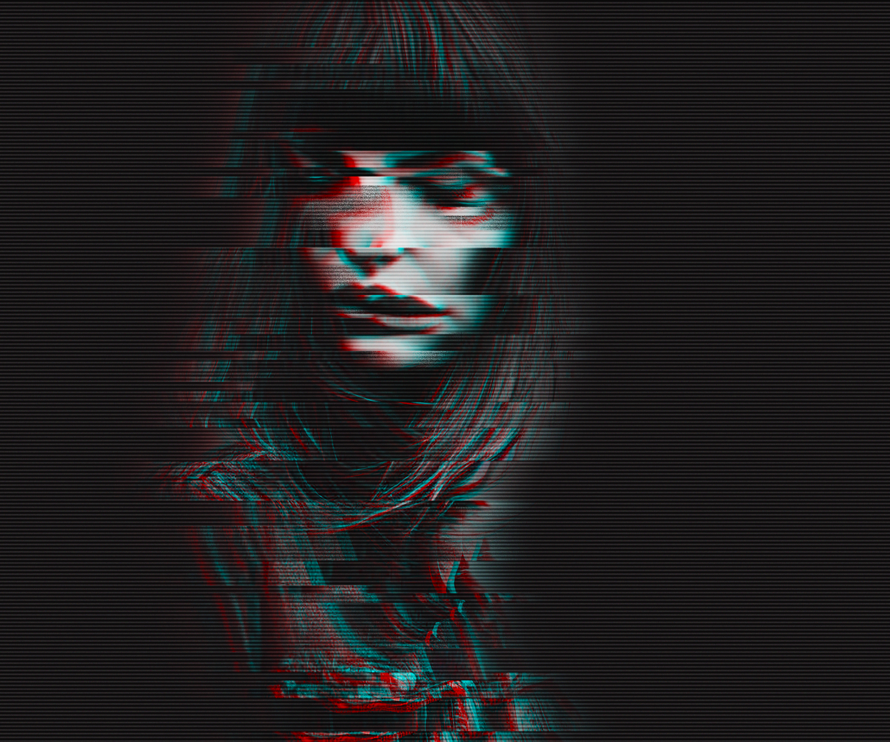 Composição visual experimental de um retrato com deslocamentos cromáticos.