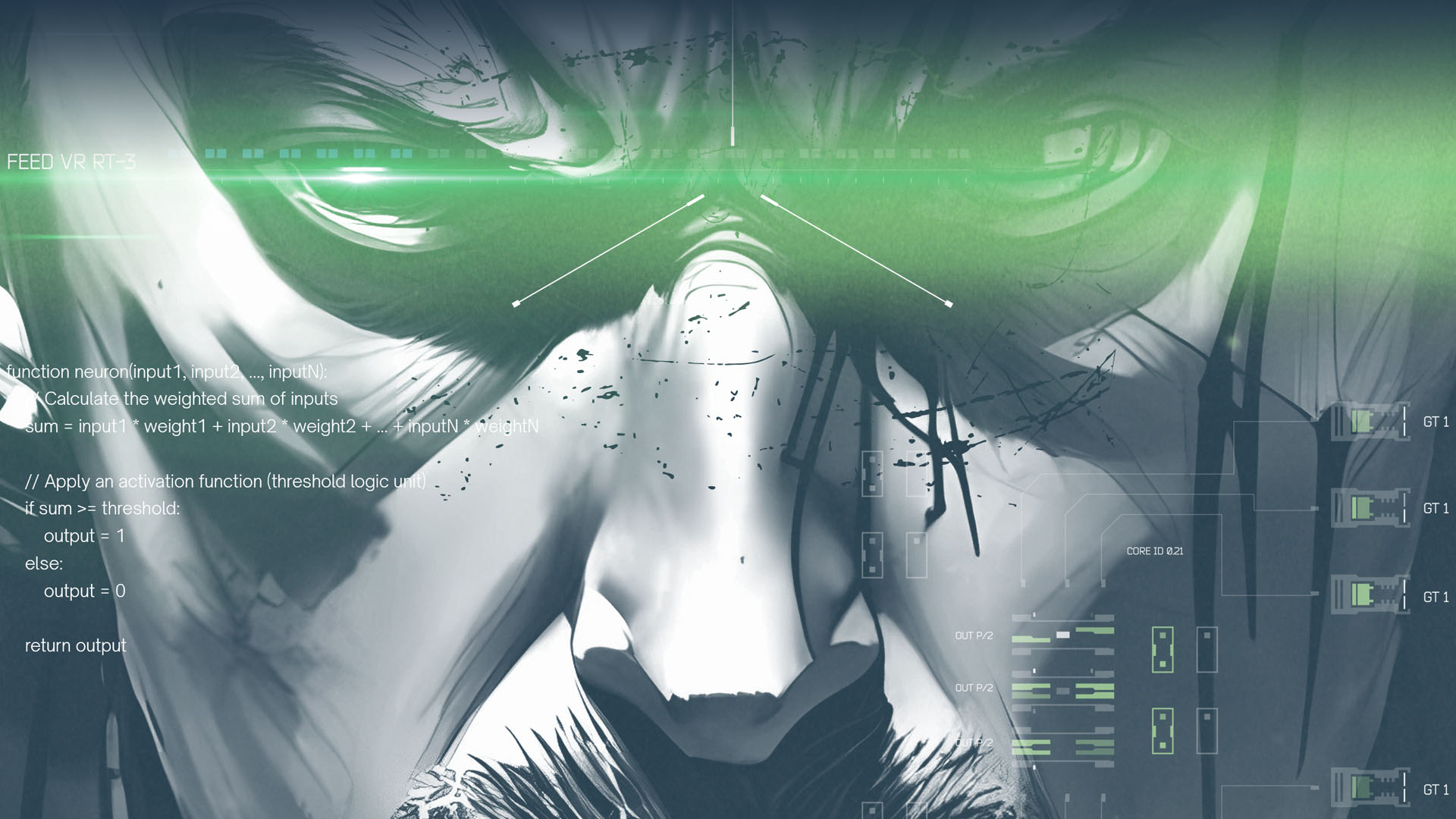 Composição visual experimental que combina ilustração, código e sinal verde.