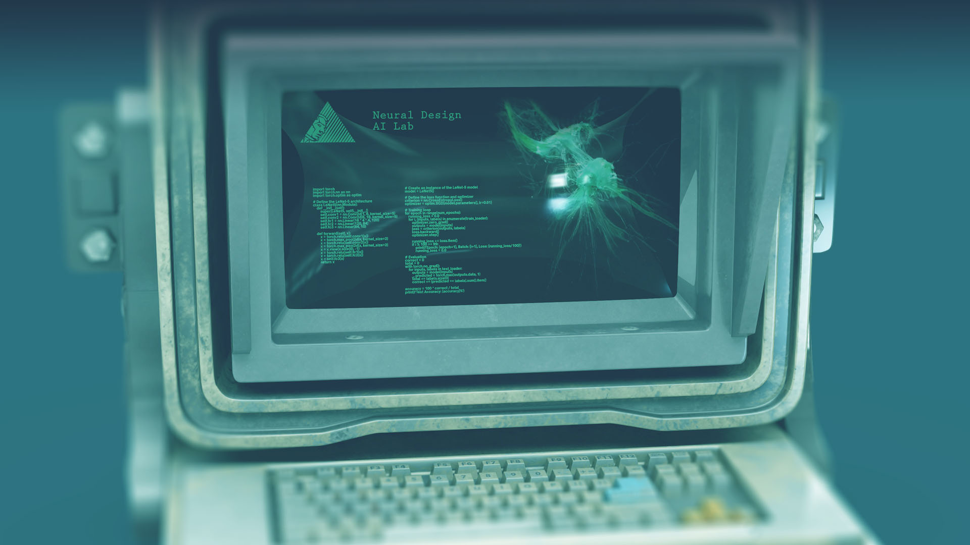 Composição conceitual com terminal e elementos gráficos digitais.