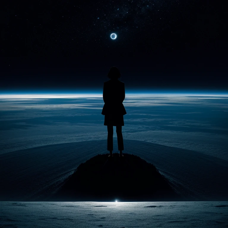 Composição conceitual com figura diante de um horizonte amplo e escuro.